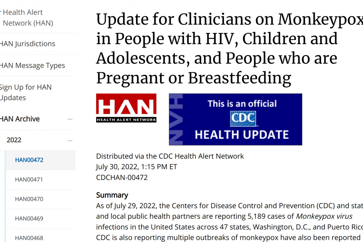 U.S. CDC Issued Health Alert Network Update Regarding Monkeypox